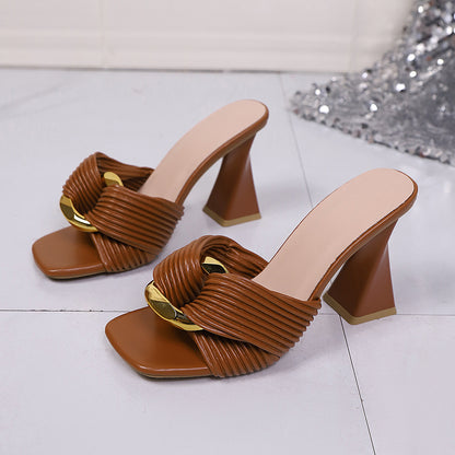 Ines - Women's Metallic Buckle Block Heel Slides, Square-Toe Fashion Mules