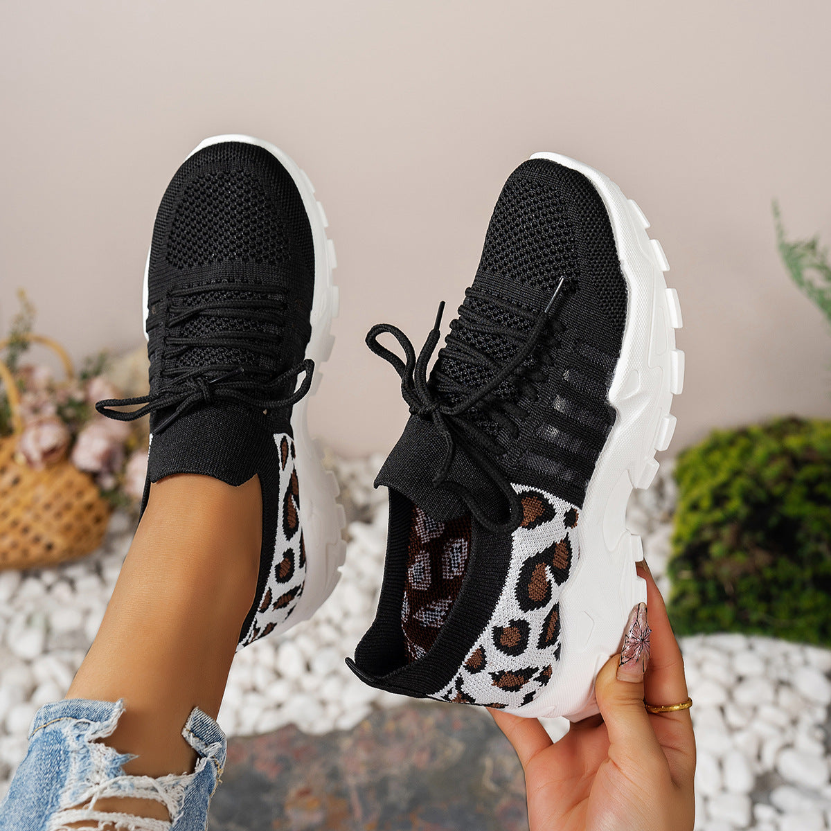 Cleo - Women's Leopard Print Knit Sneakers, Breathable Wave-Sole Shoes