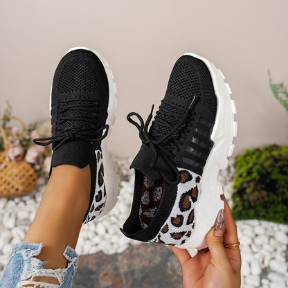 Cleo - Women's Leopard Print Knit Sneakers, Breathable Wave-Sole Shoes