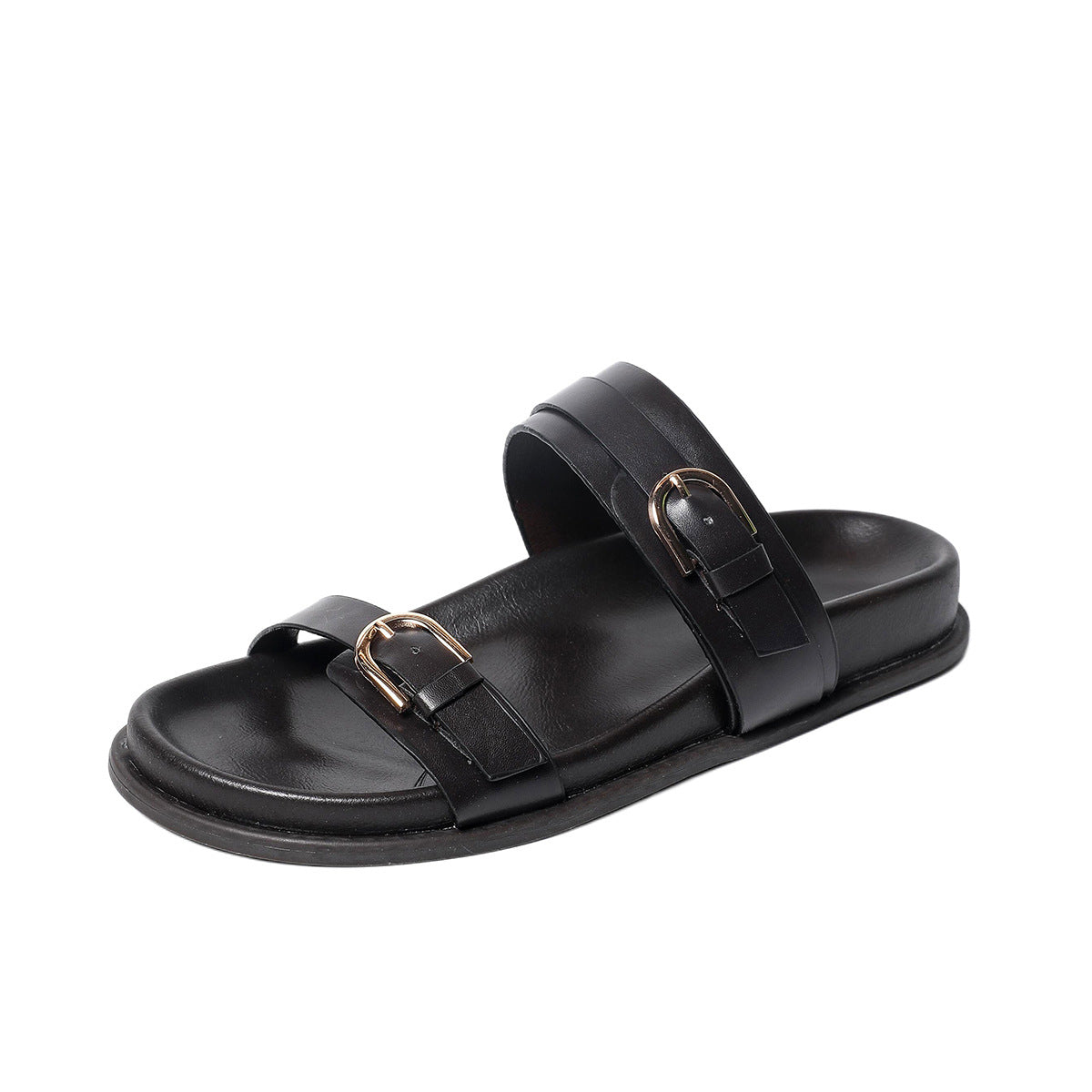 Briar - Women's Buckle Strap Platform Slides, Ring Detail Comfort Sandals