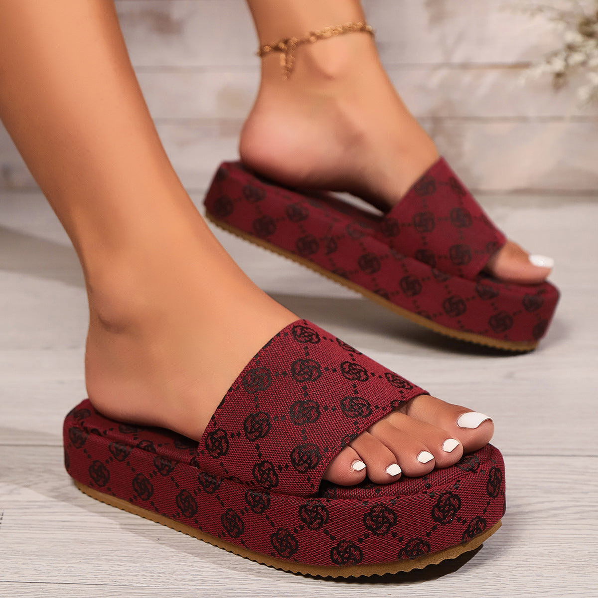 Cleo - Women's Embroidered Platform Slides, Floral Thick Sole Slippers