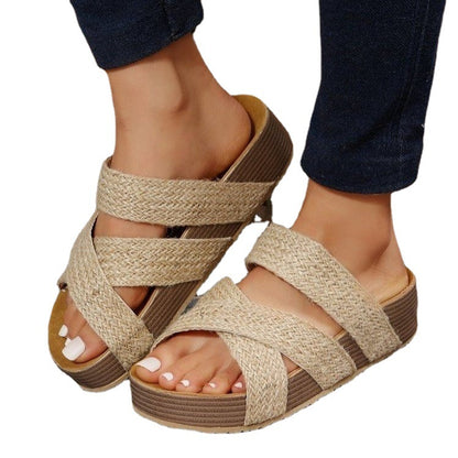 Lyra - Women's Woven Cross-Strap Slides, Solid Color Platform Sandals