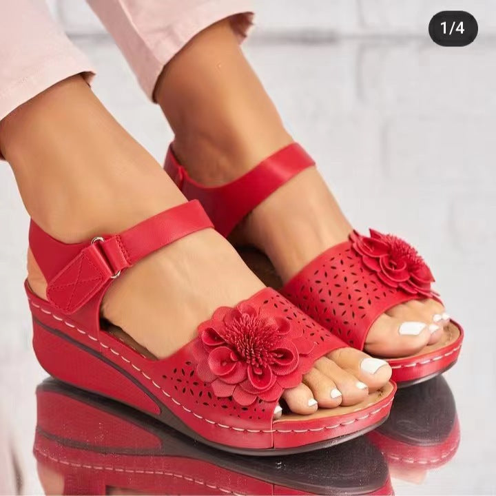 Ines - Women's Floral Cut-Out Wedge Sandals, Adjustable Strap Platform Shoes