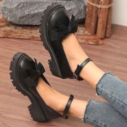 Edie - Women's Bow Detail Platform Loafers, Korean-Style Retro Flats