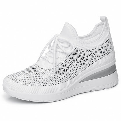 Cleo - Women's Rhinestone Lace-Up Sneakers, Height-Boosting Casual Shoes