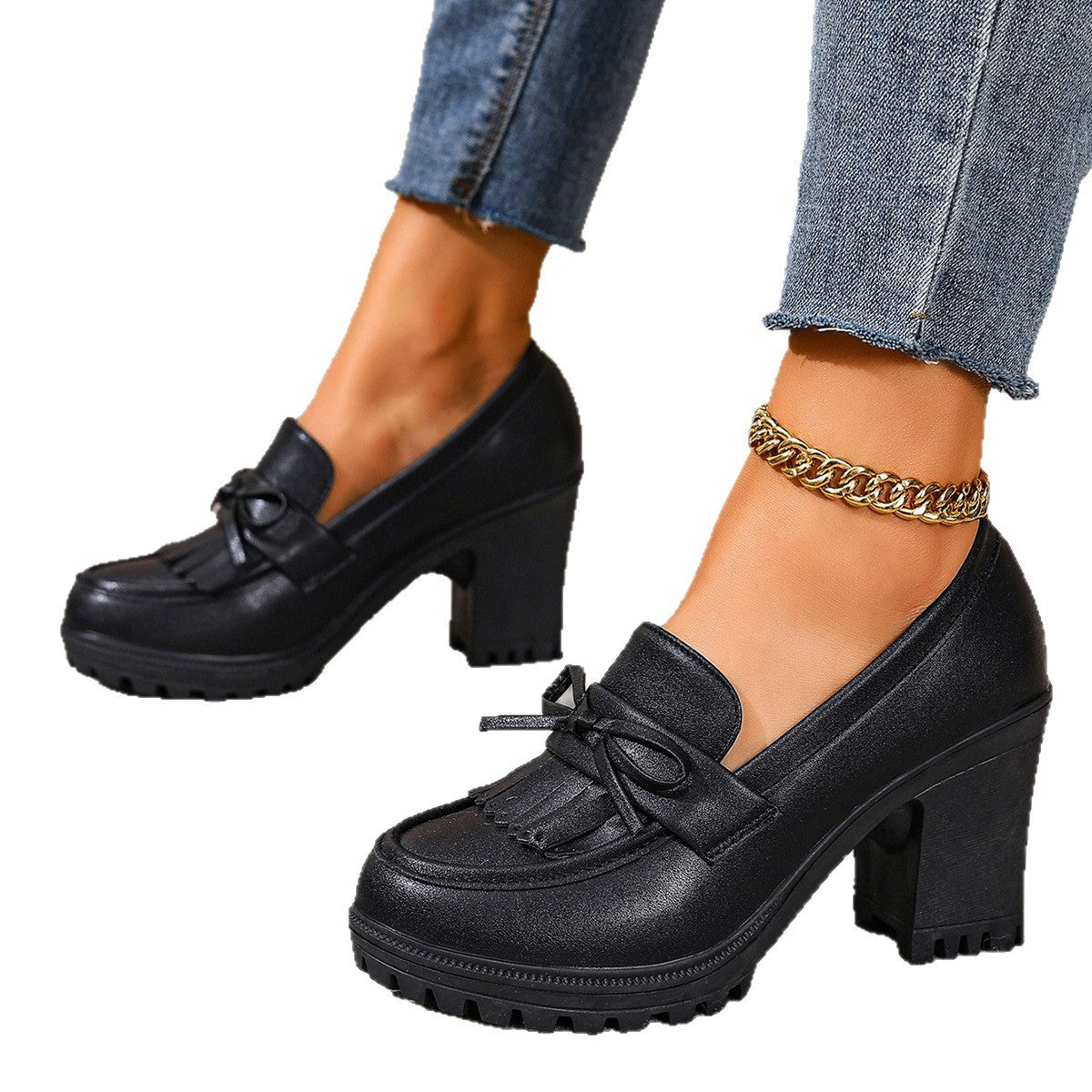 Cleo - Women's British-Style Patent Loafers, Chunky Heel Slip-On Shoes