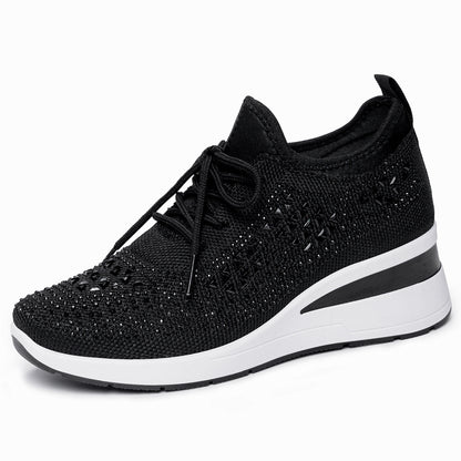 Cleo - Women's Rhinestone Lace-Up Sneakers, Height-Boosting Casual Shoes