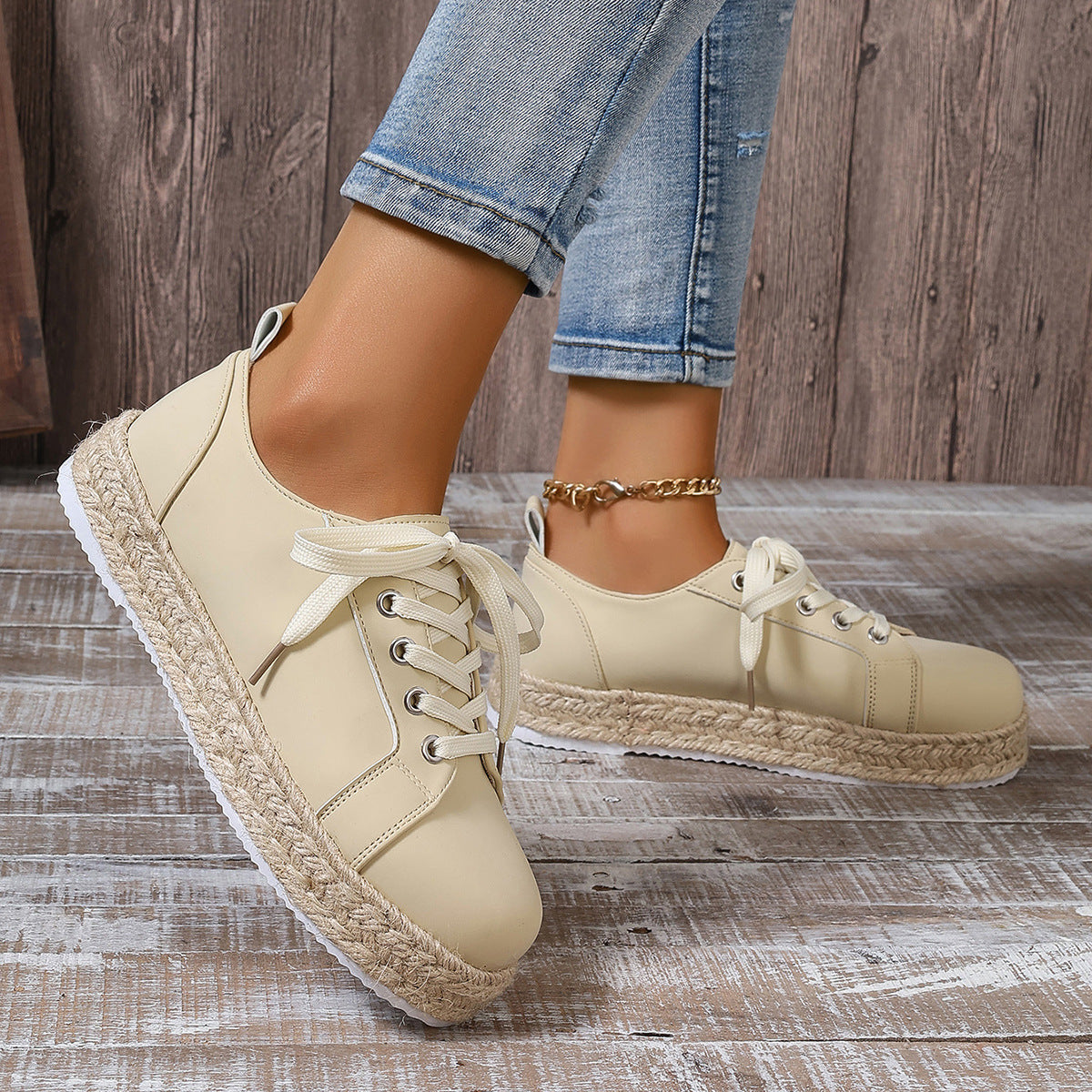 Briar - Women's Rope-Sole Lace-Up Sneakers, Breathable Round-Toe Flats