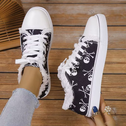 Zara - Women's Graffiti Print Lace-Up Sneakers, Trendy Hip-Hop Casual Shoes