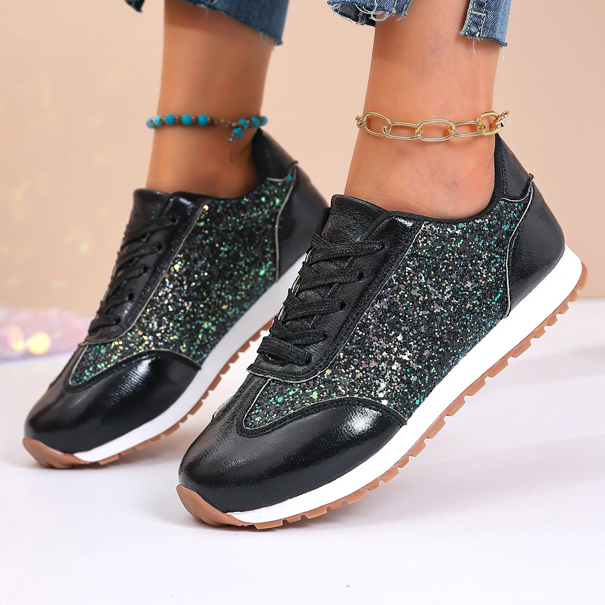 Lyra - Women's Sequin Dad Sneakers, Sparkly Platform Casual Shoes