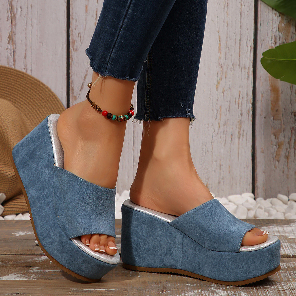 Ivy - Women's Platform Wedge Slides, Solid Color Beach Sandals