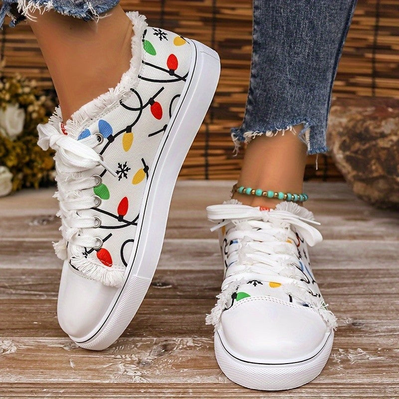 Zara - Women's Graffiti Print Lace-Up Sneakers, Trendy Hip-Hop Casual Shoes