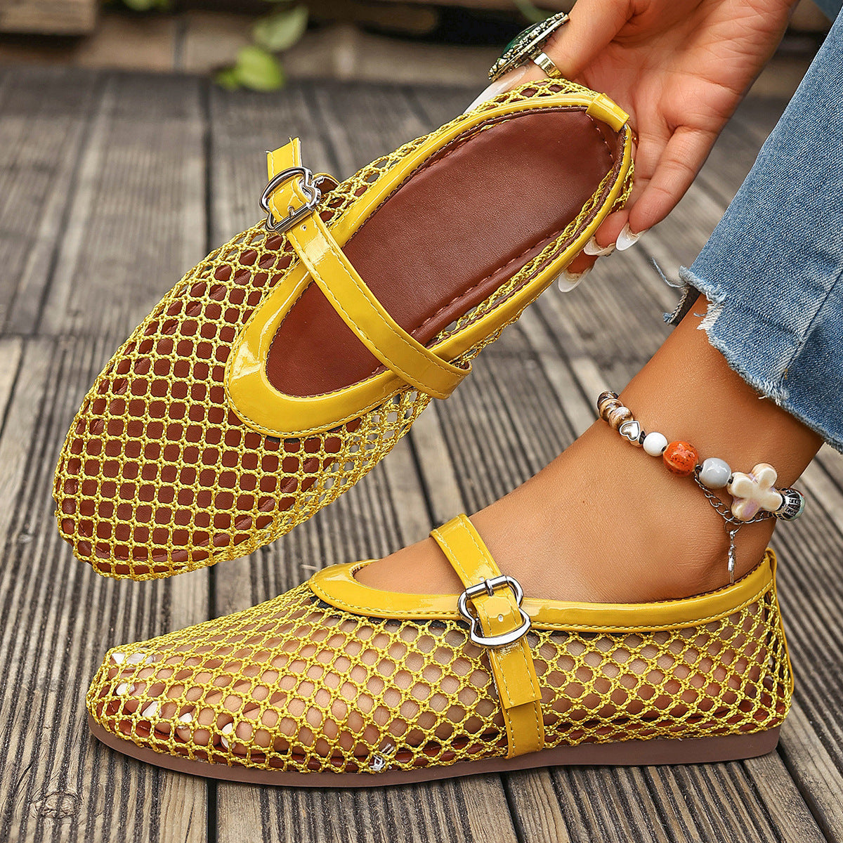 Aria - Women's Mesh Mary Jane Flats, Breathable Cut-Out Soft Sole Shoes