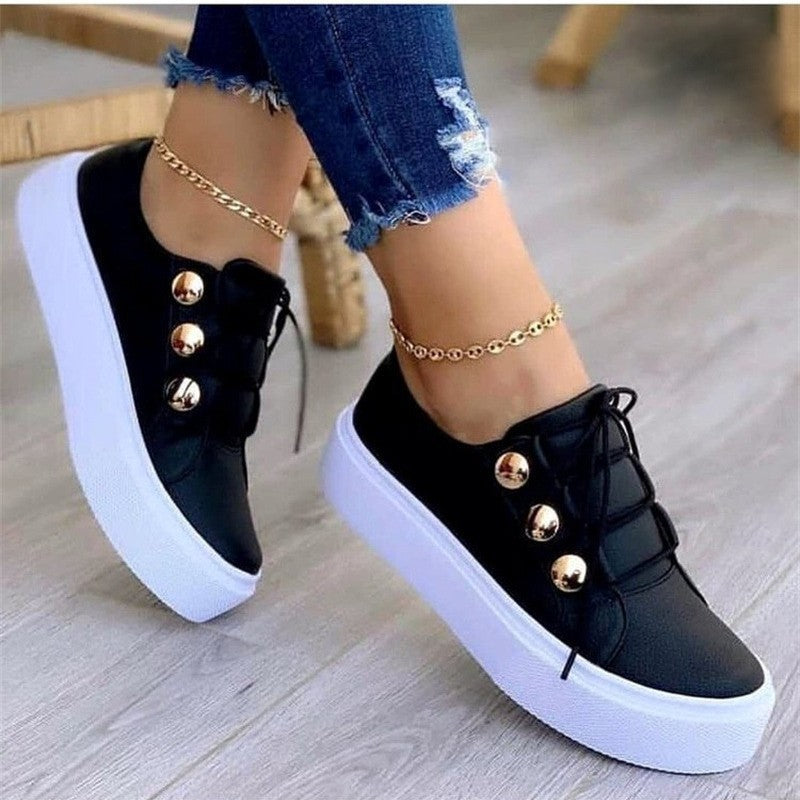 Luna - Women's Round-Toe Platform Flats, Metallic Thick Sole Casual Shoes