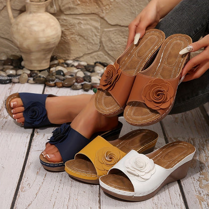 Nova - Women's Floral Cut-Out Wedge Slides, Comfortable Open-Toe Sandals