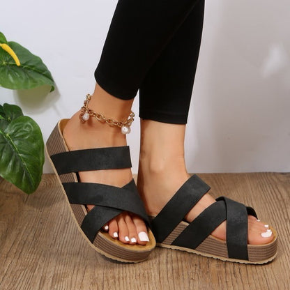 Lyra - Women's Woven Cross-Strap Slides, Solid Color Platform Sandals