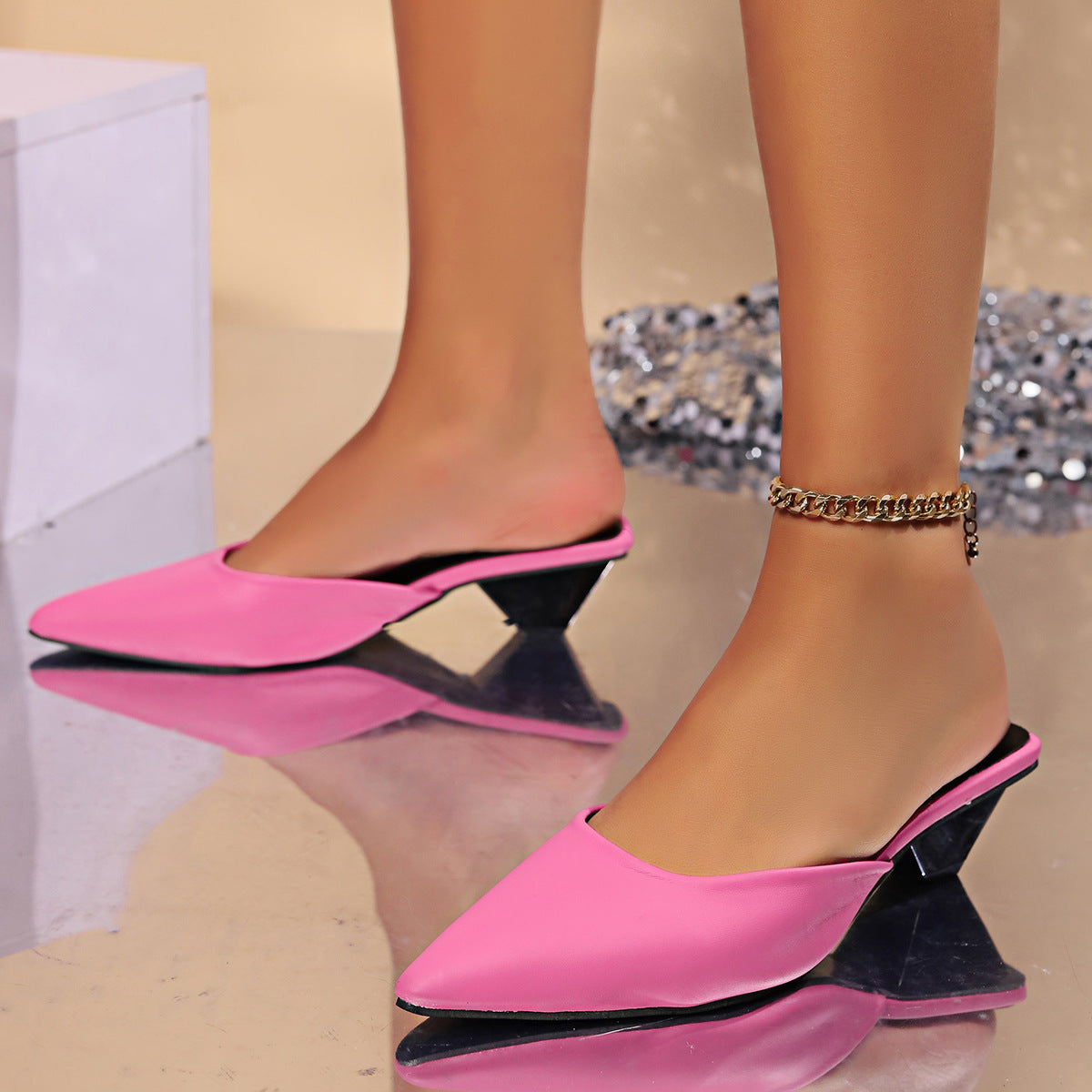 Mia - Women's Pointed-Toe Mule Heels, Slip-On Chunky Heel Shoes