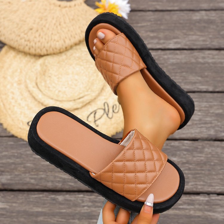 Luna - Women's Plaid Platform Slides, Thick Sole Thong Sandals