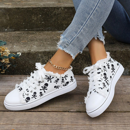 Zara - Women's Graffiti Print Lace-Up Sneakers, Trendy Hip-Hop Casual Shoes