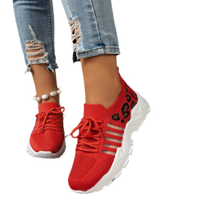 Cleo - Women's Leopard Print Knit Sneakers, Breathable Wave-Sole Shoes