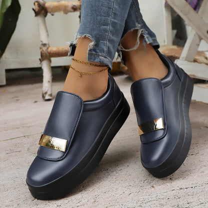 Sofia - Women's Round-Toe Platform Loafers, Metal Buckle Comfort Flats