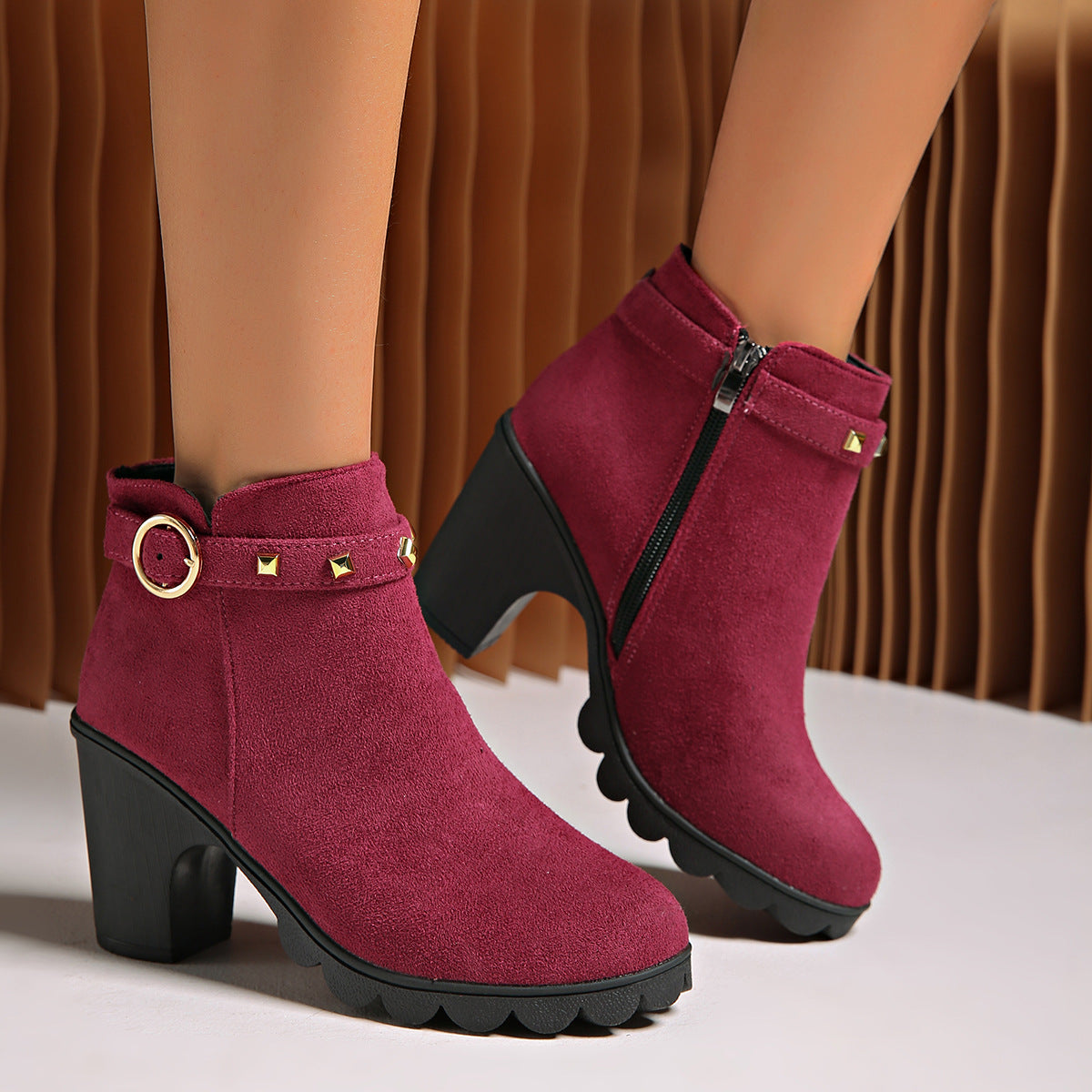 Mara - Women's Chunky Heel Side-Zip Boots, Studded Round-Toe Booties