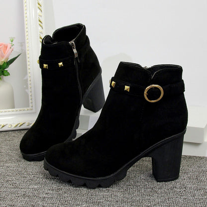 Mara - Women's Chunky Heel Side-Zip Boots, Studded Round-Toe Booties
