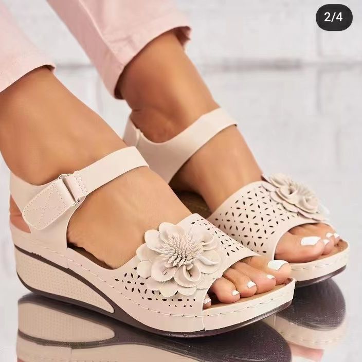 Ines - Women's Floral Cut-Out Wedge Sandals, Adjustable Strap Platform Shoes
