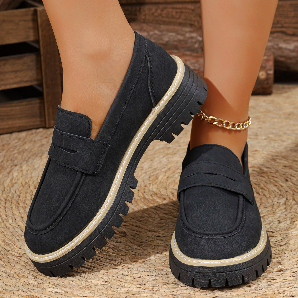 Mara - Women's Suede Block Heel Loafers, British-Style Retro Flats