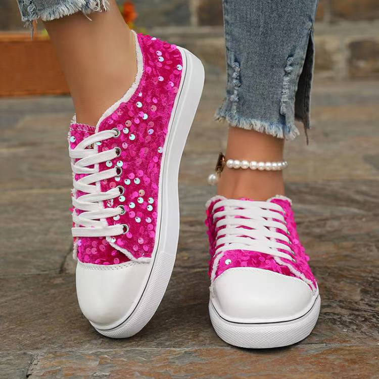 Mia - Women's Sequin Round-Toe Lace-Up Sneakers, Sparkly Casual Flats
