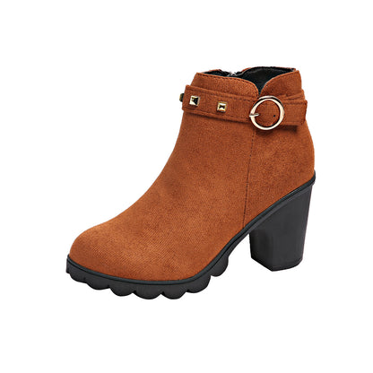 Mara - Women's Chunky Heel Side-Zip Boots, Studded Round-Toe Booties