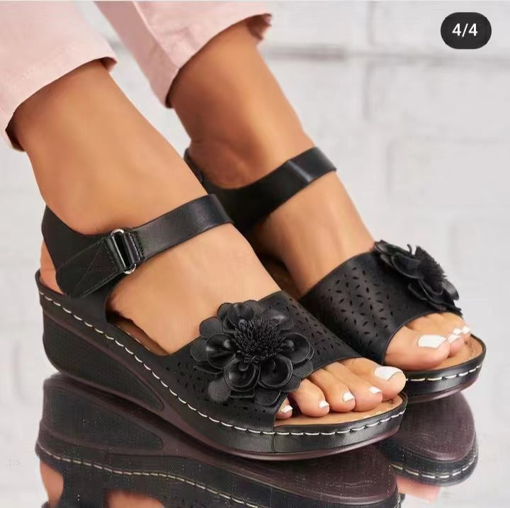 Ines - Women's Floral Cut-Out Wedge Sandals, Adjustable Strap Platform Shoes