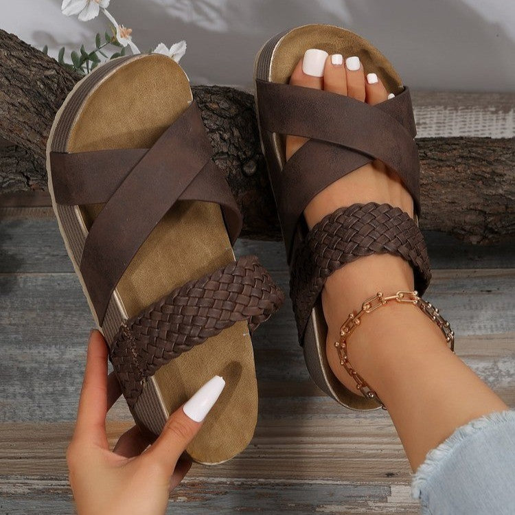 Lyra - Women's Woven Cross-Strap Slides, Solid Color Platform Sandals