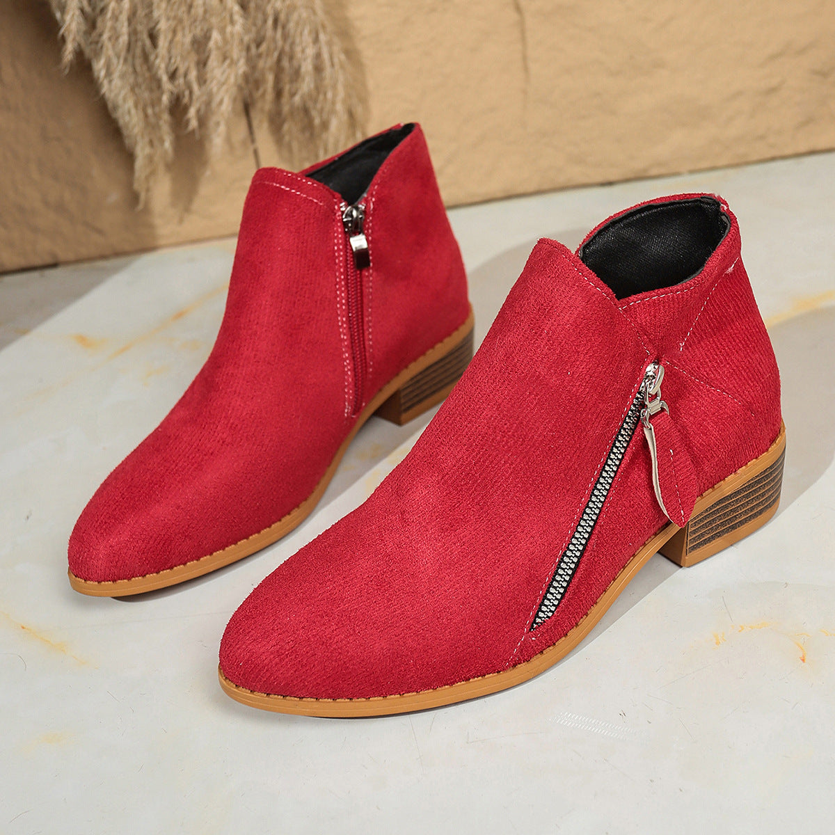 Nora - Women's Suede Chunky Heel Ankle Boots, Side-Zip Booties