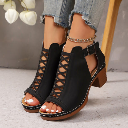 Sofia - Women's Roman Cut-Out Block Heel Sandals, Buckle Strap Shoes
