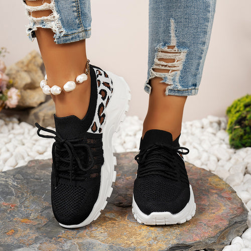 Cleo - Women's Leopard Print Knit Sneakers, Breathable Wave-Sole Shoes