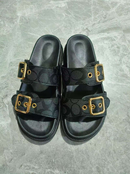 Edie - Women's Double Buckle Platform Slides, Non-Slip Comfort Sandals