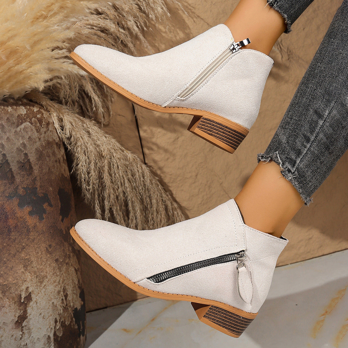 Nora - Women's Suede Chunky Heel Ankle Boots, Side-Zip Booties