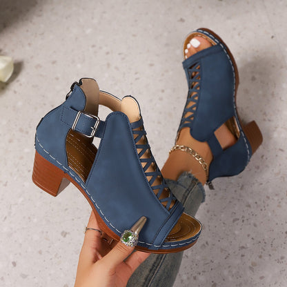 Sofia - Women's Roman Cut-Out Block Heel Sandals, Buckle Strap Shoes