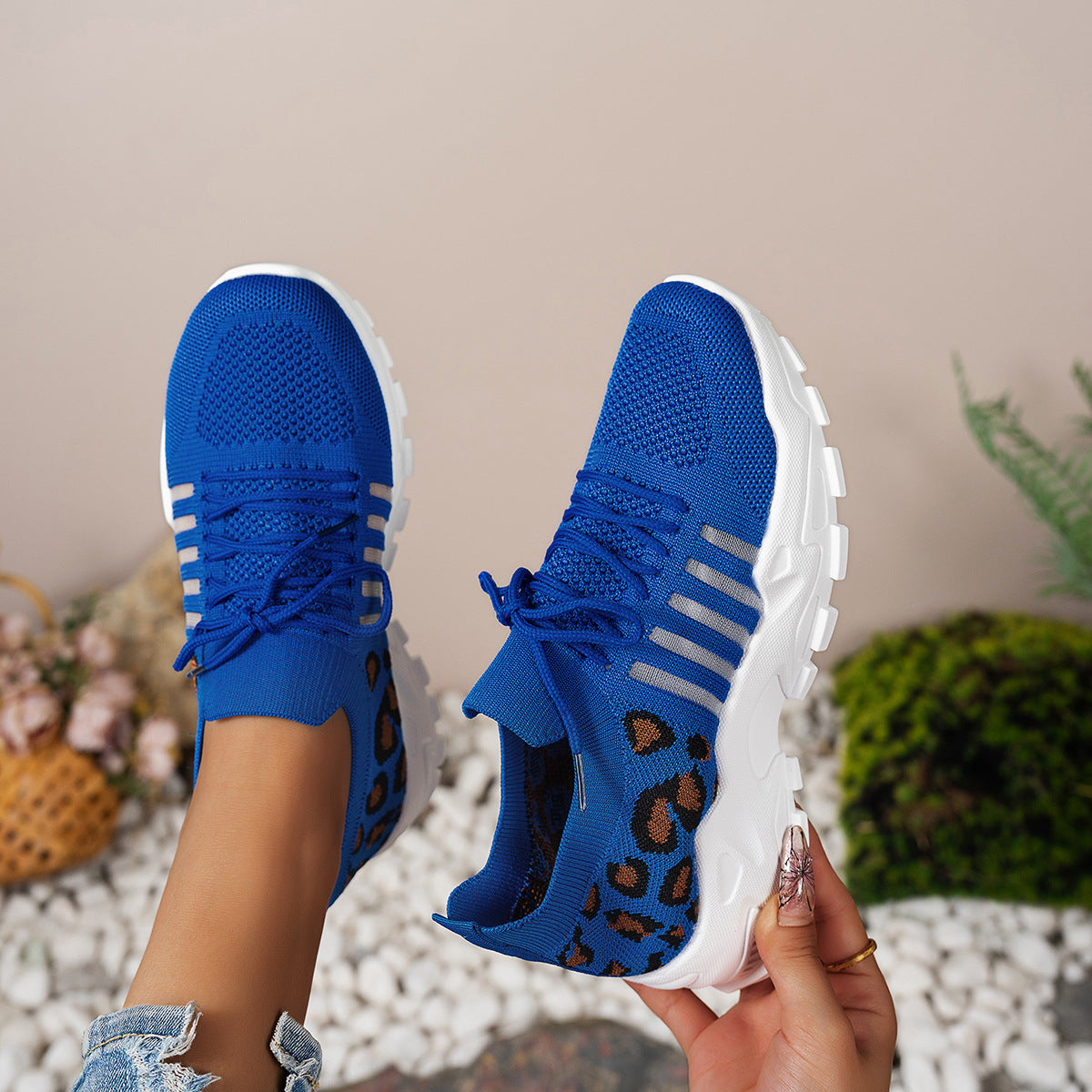 Cleo - Women's Leopard Print Knit Sneakers, Breathable Wave-Sole Shoes
