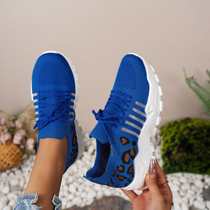 Cleo - Women's Leopard Print Knit Sneakers, Breathable Wave-Sole Shoes
