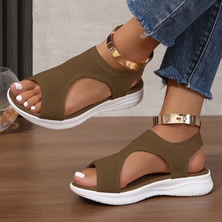 Wren - Women's Knit Open-Toe Roman Sandals, Breathable Flat Shoes