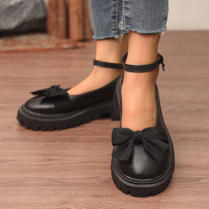 Edie - Women's Bow Detail Platform Loafers, Korean-Style Retro Flats