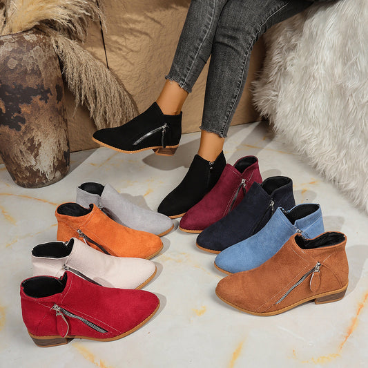 Nora - Women's Suede Chunky Heel Ankle Boots, Side-Zip Booties