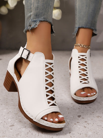 Sofia - Women's Roman Cut-Out Block Heel Sandals, Buckle Strap Shoes