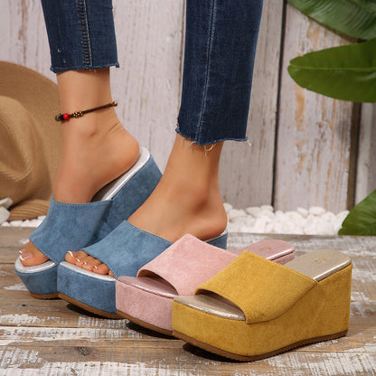 Ivy - Women's Platform Wedge Slides, Solid Color Beach Sandals