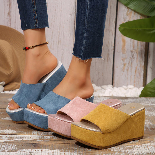 Ivy - Women's Platform Wedge Slides, Solid Color Beach Sandals
