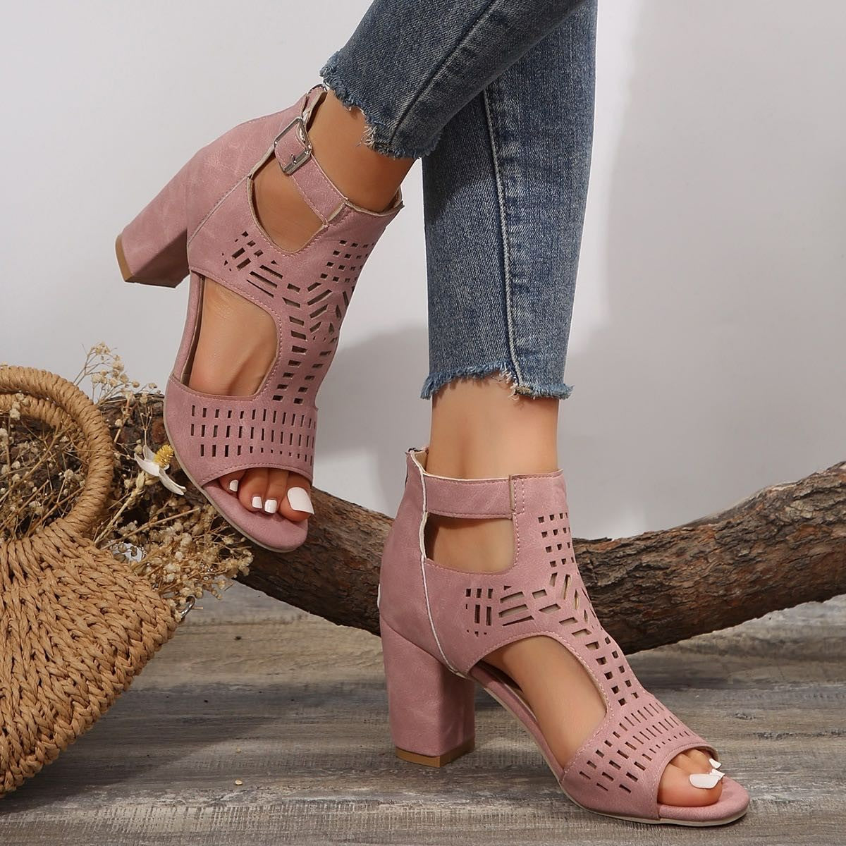 Wren - Women's Cut-Out Roman Heel Sandals, Open-Toe Block Heel Shoes