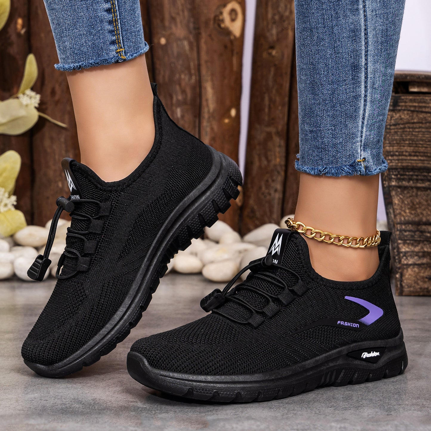 Elara - Women's Knit Outdoor Sneakers, Solid Color Versatile Running Shoes