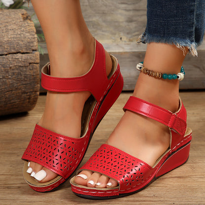 Ines - Women's Floral Cut-Out Wedge Sandals, Adjustable Strap Platform Shoes